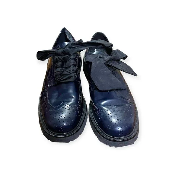 Prada Wingtip Oxford Ribbon Tie Shoes Navy Calf Leather 38.5 Early 2000s - Picture 3 of 11